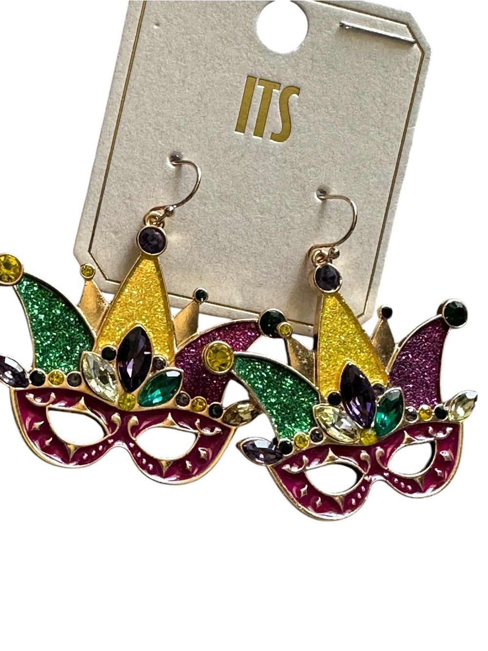 Mardi Gras Mask Jester Earrings in Green, Purple & Gold